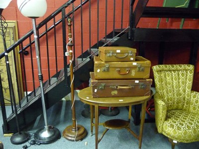 Lot 1228 - Edwardian oval table, standard lamp, an easy chair and three small cases