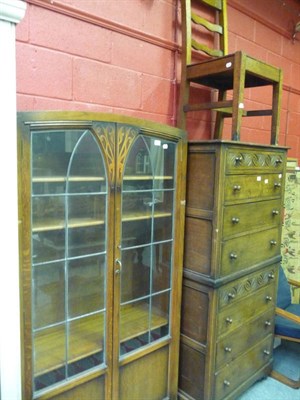 Lot 1236 - Oak display cabinet, a reproduction chest on chest and a ladder-back chair