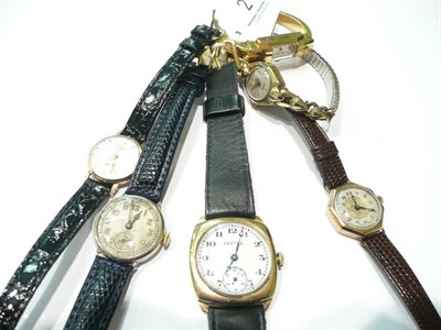 Lot 2 - Four wristwatches on straps, one wristwatch on an expanding bracelet and one bangle wristwatch