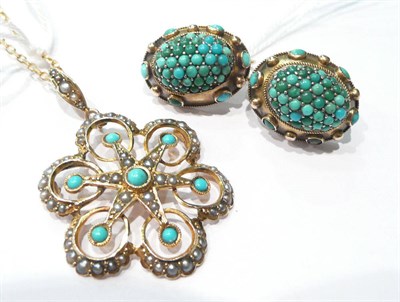 Lot 10 - A pair of turquoise set earrings and a turquoise and seed pearl pendant on chain