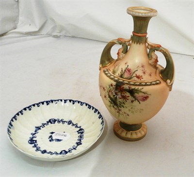 Lot 54 - A Worcester blush ivory twin-handled vase and an English porcelain blue and white dish