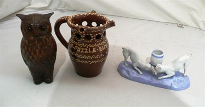 Lot 70 - Dog group watch holder, owl money bank and a puzzle jug