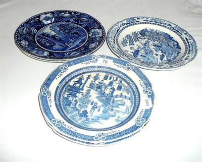 Lot 79 - A rare pair of Donovan pearl ware plates, a pair of blue and white Fountains Abbey plates and...