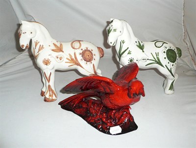 Lot 88 - David Sharp, two pottery figures of horses and a trial figure of a glazed pheasant