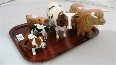 Lot 99 - Beswick Highland bull and calf, Ayrshire bull, bulldog and a Friesian calf