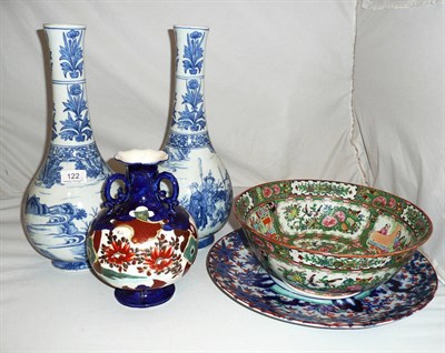 Lot 122 - Pair of 20th century Chinese blue and white bottle vases, a charger, a Canton bowl and a...