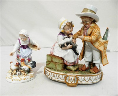 Lot 126 - 20th century Meissen group of a young girl feeding the hens and another Continental figure...