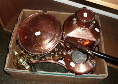 Lot 160 - A quantity of copper and brassware including a lamp, a bed warmer etc