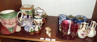 Lot 165 - Two trays and a box of ceramics including glassware, Wedgwood tea wares, Gaudy Welsh china, two...