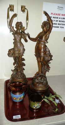 Lot 173 - A pair of Spelter figures and two pieces of copper lustre ware