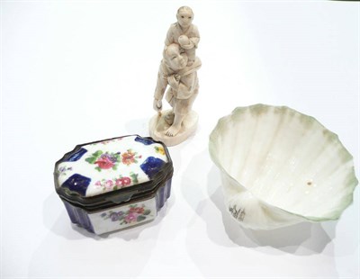 Lot 208 - A Belleek shell salt, a Continental snuff box and a Japanese ivory okimono of a boy and child circa