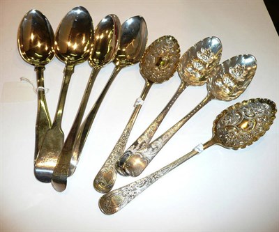 Lot 217 - Two pairs of berry spoons, three English tablespoons, and another