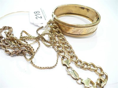 Lot 218 - A 9 carat gold rope bracelet, a (worn) curb bracelet, assorted damaged gold jewellery, other...