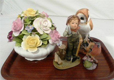 Lot 260 - Hummel-style figure, Worcester bird, Derby owl and a Coalport floral bowl