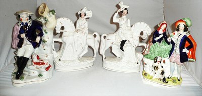 Lot 281 - Pair of Staffordshire figures on horseback and two other Staffordshire figures