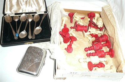 Lot 317 - Stained bone chess pieces, teaspoons and a silver cigarette case