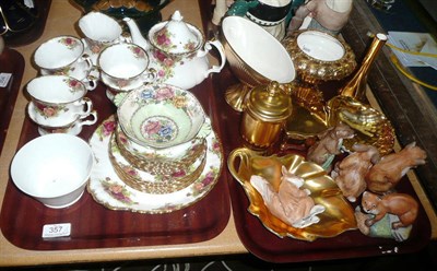 Lot 357 - Royal Albert 'Old Country Roses' tea set, five Crown Devon animals, Crown Devon gold lustre pieces