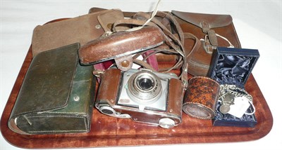 Lot 366 - Silver watch chain, James Dixon plated sandwich box in leather case, cameras, etc