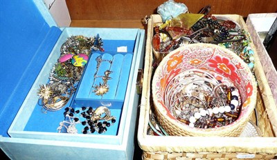 Lot 378 - A quantity of costume jewellery in a jewellery box a basket and a box