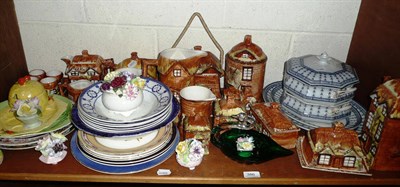 Lot 386 - A shelf of ceramics and glass including Cottage ware and blue and white dinner wares, etc