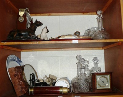 Lot 390 - Tantalus, three decanters, Beswick cat, mantle clock, bisque figure and a quantity of flatware...