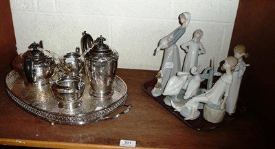 Lot 391 - Five Lladro figures and plated tea service