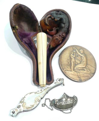 Lot 451 - Lorgnette, a pipe, a cut throat razor and a medallion