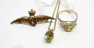 Lot 473 - A cluster ring, a pendant on chain and an RAF brooch