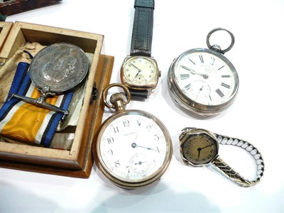 Lot 474 - Four watches, medals and a silver handled cheese knife