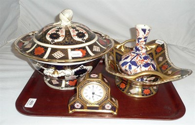 Lot 489 - Royal Crown Derby tureen fruit bowl (a.f.), Derby mantel clock and a vase