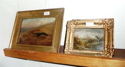 Lot 506 - Pair of oils on panel of hunting scenes and an oil on panel depicting two greyhounds and a hare (3)