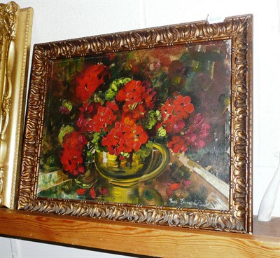 Lot 509 - Gilt framed oil on canvas, red geraniums in a jug, indistinctly signed