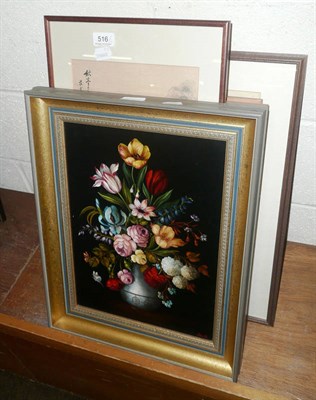 Lot 516 - A Dutch style still life of flowers, oil on board and six various pictures and prints