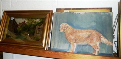 Lot 528 - Two Eastern watercolours, an unframed oil of a dog and a watercolour