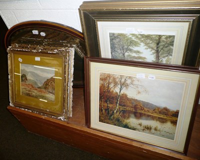 Lot 533 - G H Pettitt? two gilt framed watercolour landscapes, oval mirror and four prints