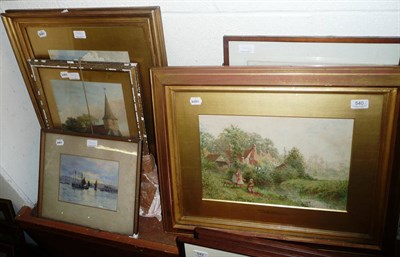 Lot 540 - Framed oil on board of a church interior and five framed watercolours including an example...