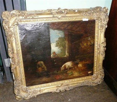 Lot 546 - Follower of George Morland, figures in a pigsty, oil on canvas