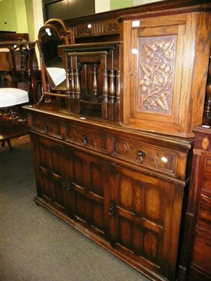 Lot 585 - Carved oak sideboard with super structure back, nest of tables, dressing table mirror and a...