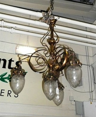 Lot 722 - Brass Benson style ceiling light with four shades