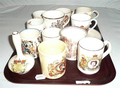 Lot 12 - Assorted commemorative and souvenir china including MacIntyre bottle vase, Laura Knight mug,...