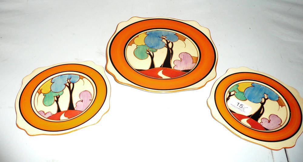 Lot 15 - Clarice Cliff Autumn pattern sandwich plate and side plates