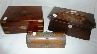 Lot 22 - Rosewood tea caddy, rosewood writing box and a walnut cloth box (3)