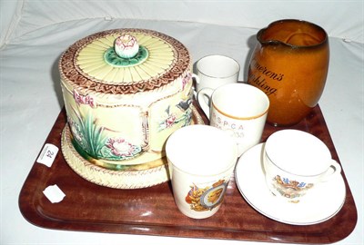Lot 24 - A Majolica cheese dish, Camerons Sparkling Ales water jug, four commemorative mugs and a saucer