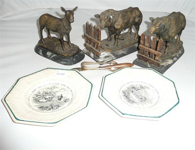 Lot 38 - Two bronzed models of bulls on marble bases, a similar model of a Blue Faced Leicester tup,...