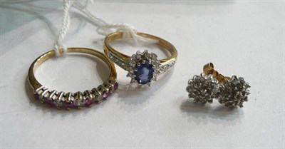 Lot 111 - A pair of diamond cluster earrings, a sapphire and diamond cluster ring and a half eternity ring