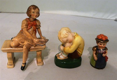 Lot 142 - Worcester figure 'Sleepy Boy', Hummel salt and a Wade figure of a girl on a bench