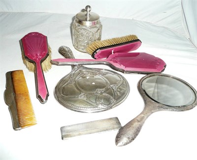 Lot 149 - Silver dressing table pieces and a cut glass preserve jar with silver lid