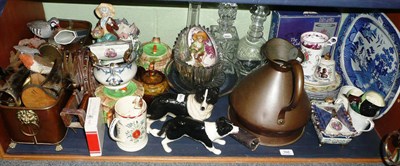 Lot 168 - Quantity of china, glass and ornaments on a shelf and a box of trains, miniature chest etc