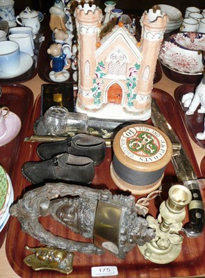 Lot 175 - Mixed smalls including a Staffordshire figure, a figural door knocker, etc