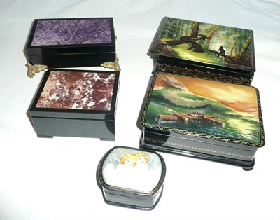 Lot 183 - Three Russian papier-mache boxes and two hardstone boxes